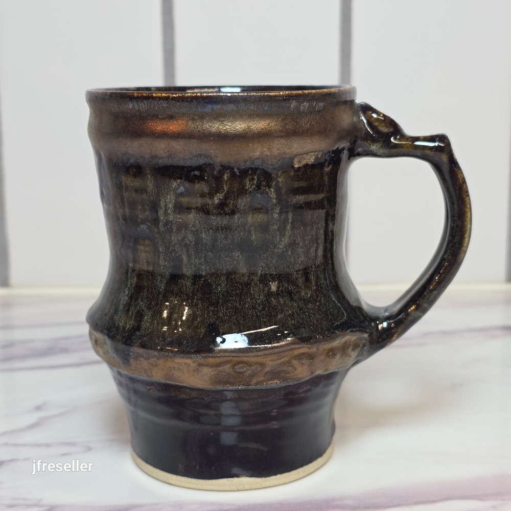 Hand Thrown Coffee Mug Studio Pottery Metallic Bronze Glaze Signed Artist Mark